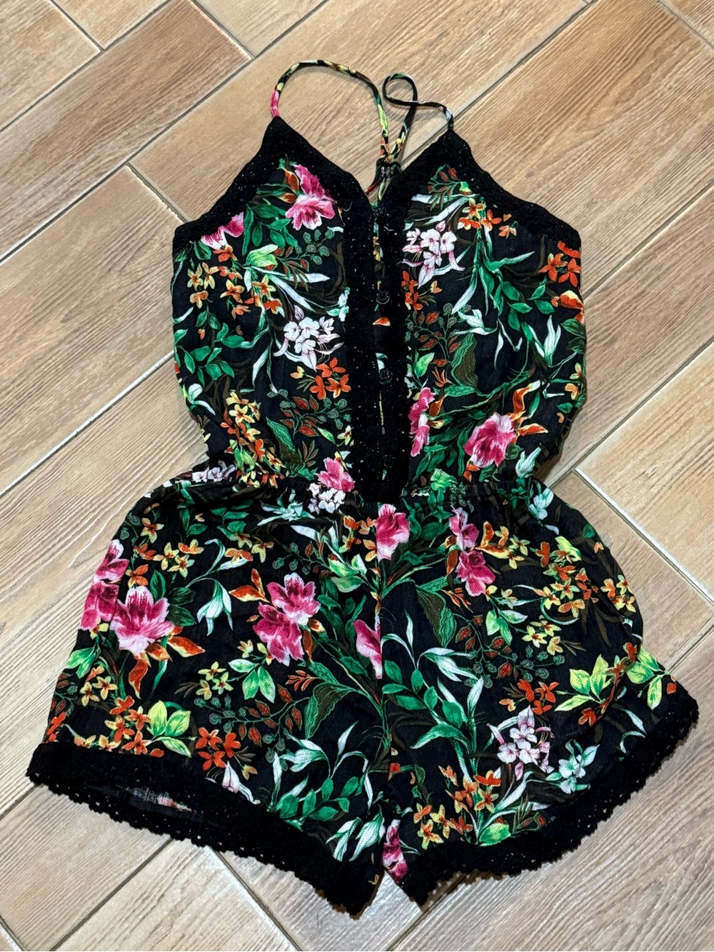 Ella Moss Black Floral Lace-Trim Romper